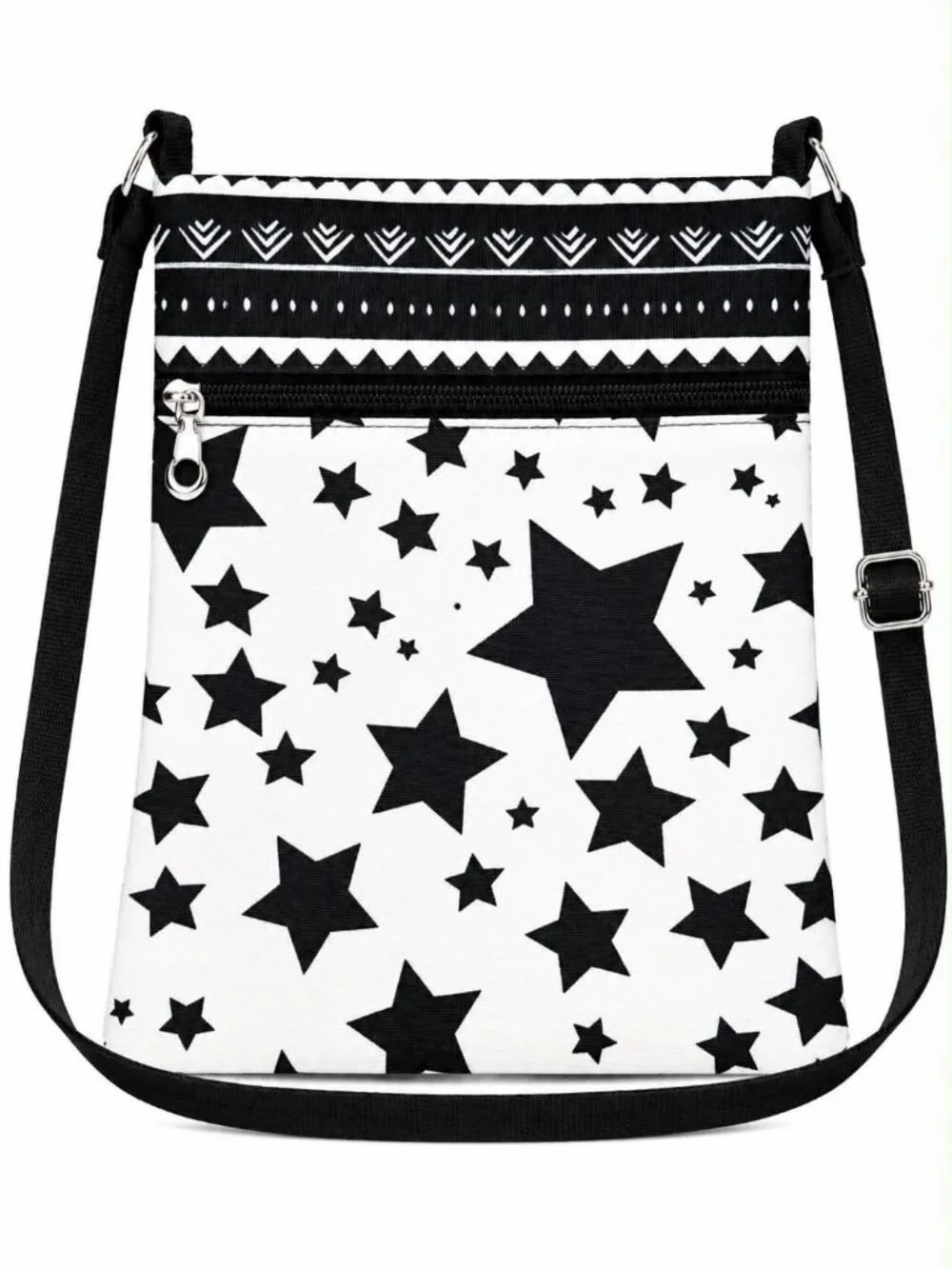 Black & White Stars Crossbody Bag with Adjustable Black Strap